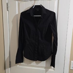 Moda International Cotton Elegant Black Collared Shirt Long Sleeve Buttons XS